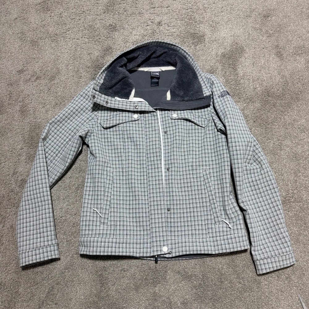 The North Face Womens Grey Plaid Softshell Jacket Fleece‎ Lined Collar Medium